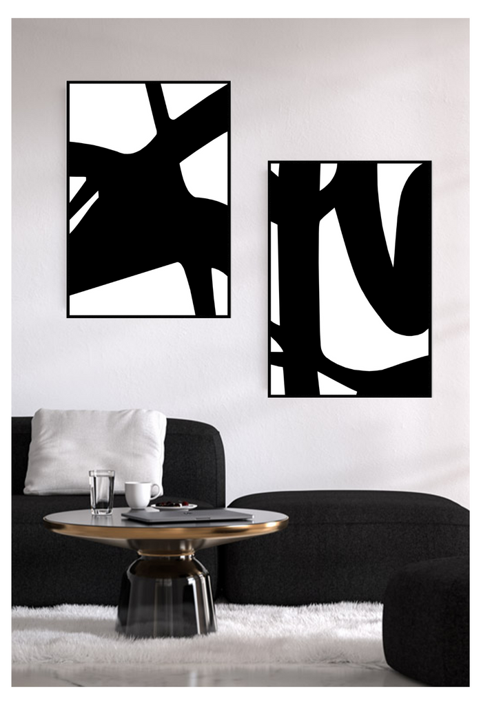 Minimal abstract black and white print with black squggle line 