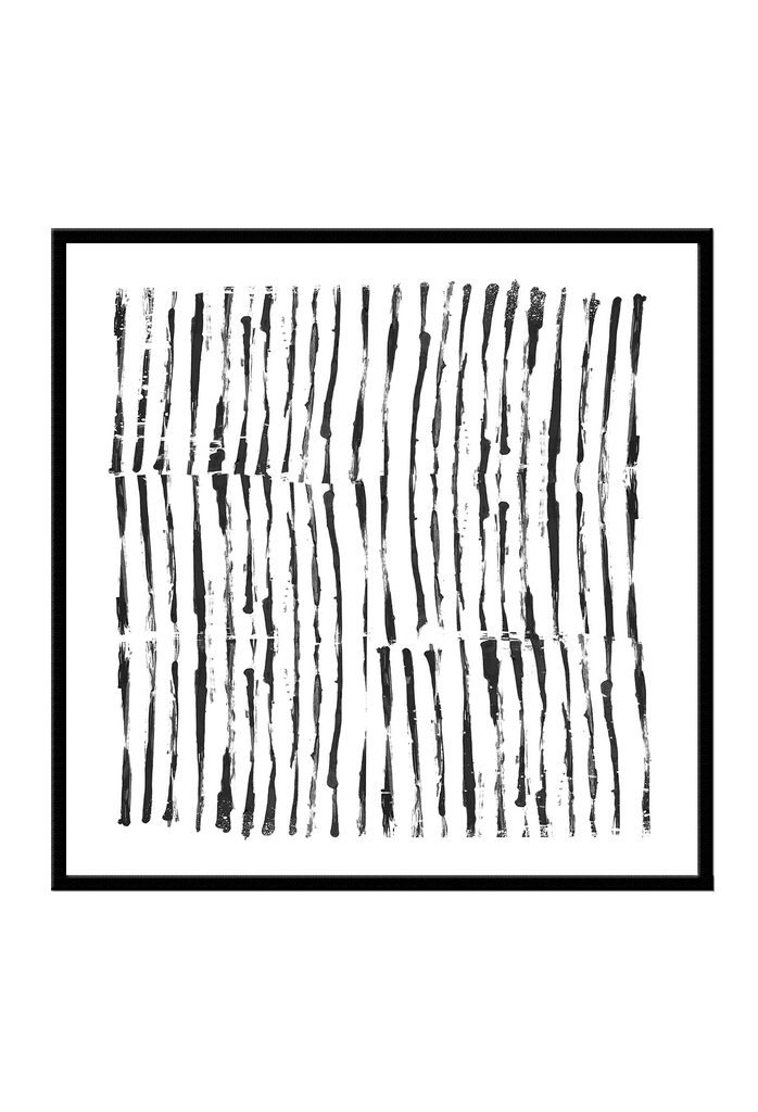 Abstract print with rows of vertical short brushstrokes in black creating the illusion of black lines on a white background.
