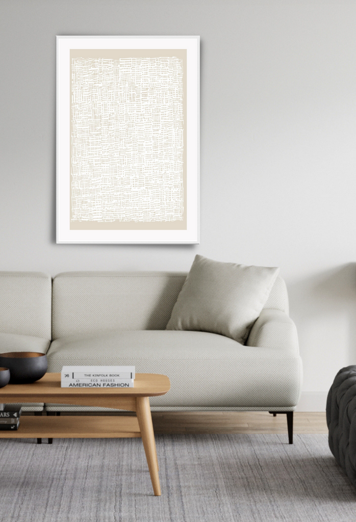 Modern abstract print with textured white lines, forming an uneven, irregular grid on beige background.