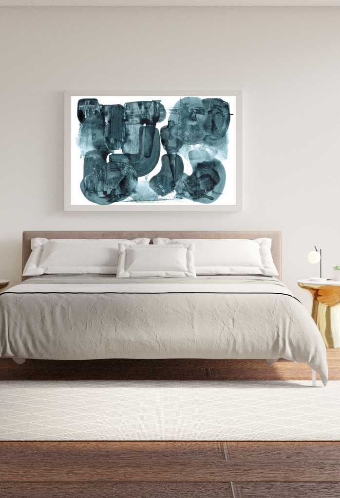 Abstract art print featuring blue and teal watercolour shapes overlapping on a white background.
