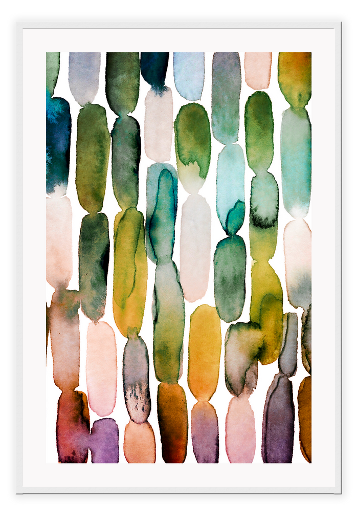 Abstract print with watercolour shapes on a white background with green, blue, purple, pink and rust  