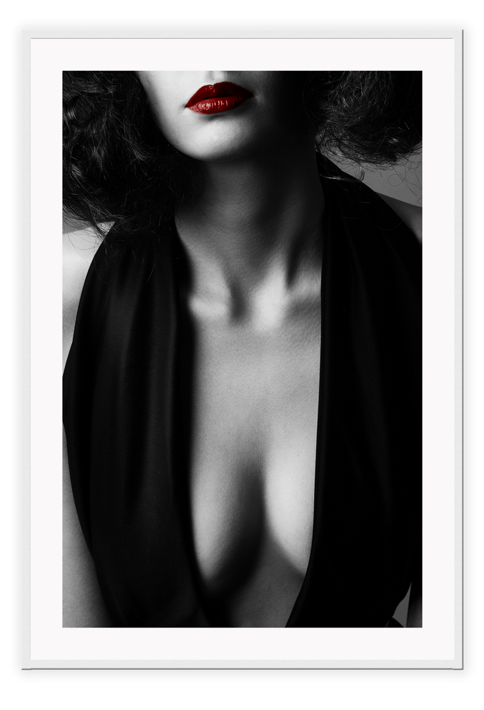 Black and white fashion photography print womans breasts chest with red lipstick sexy lady  