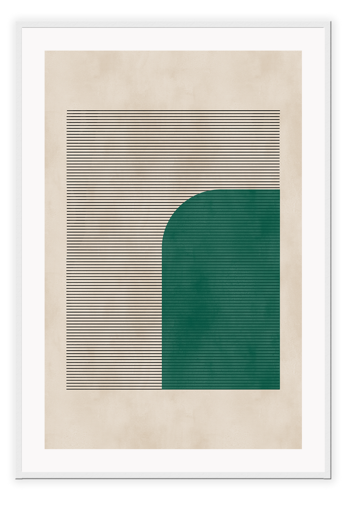 Minimal print with abstract emerald green shape and small horizontal lines on a textured beige background 