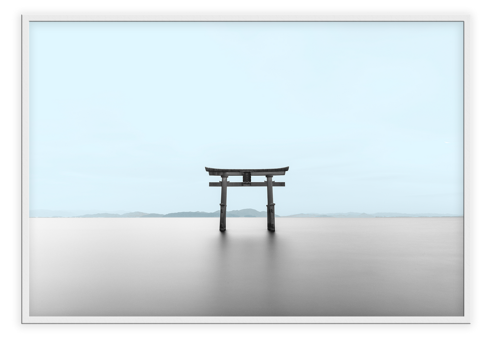 Minimal print with light blue and grey background and single torii and Japanese style zen garden 