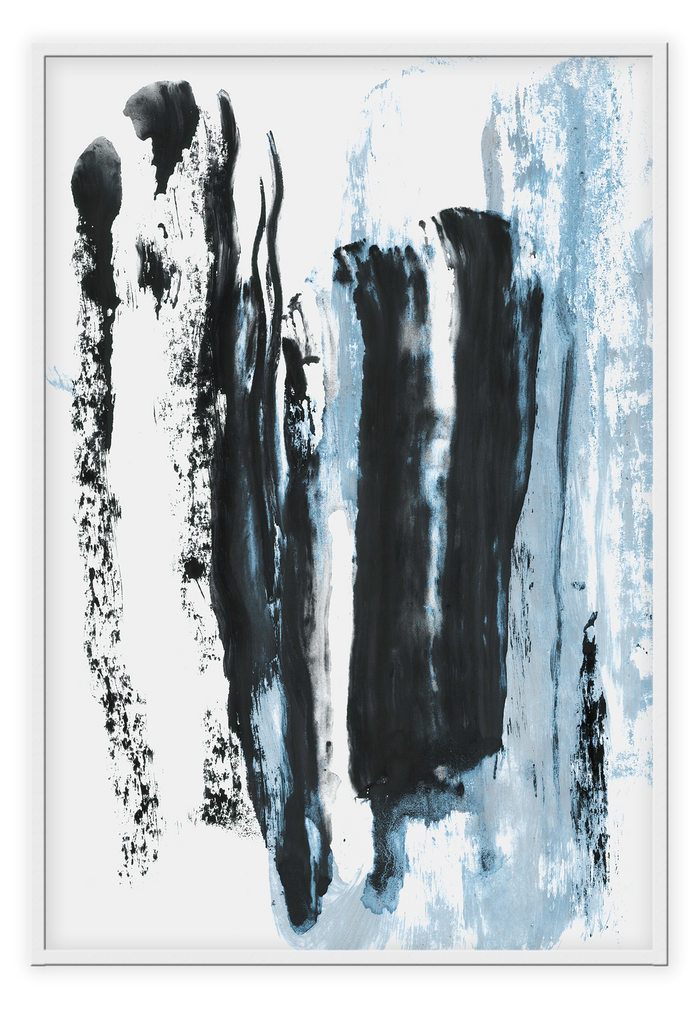 Blue white and black print abstract with brushtrokes texture and minimal style dark moody modern 