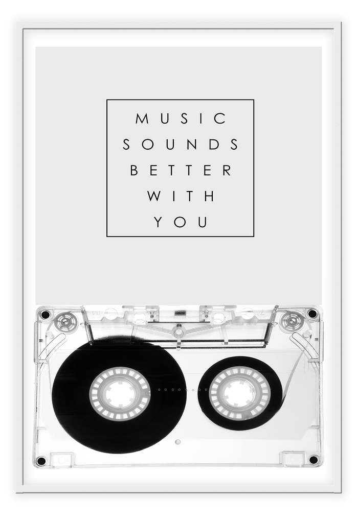 A black and white fashion wall art of 80s 90s fashion music cassette, music sounds better with you.