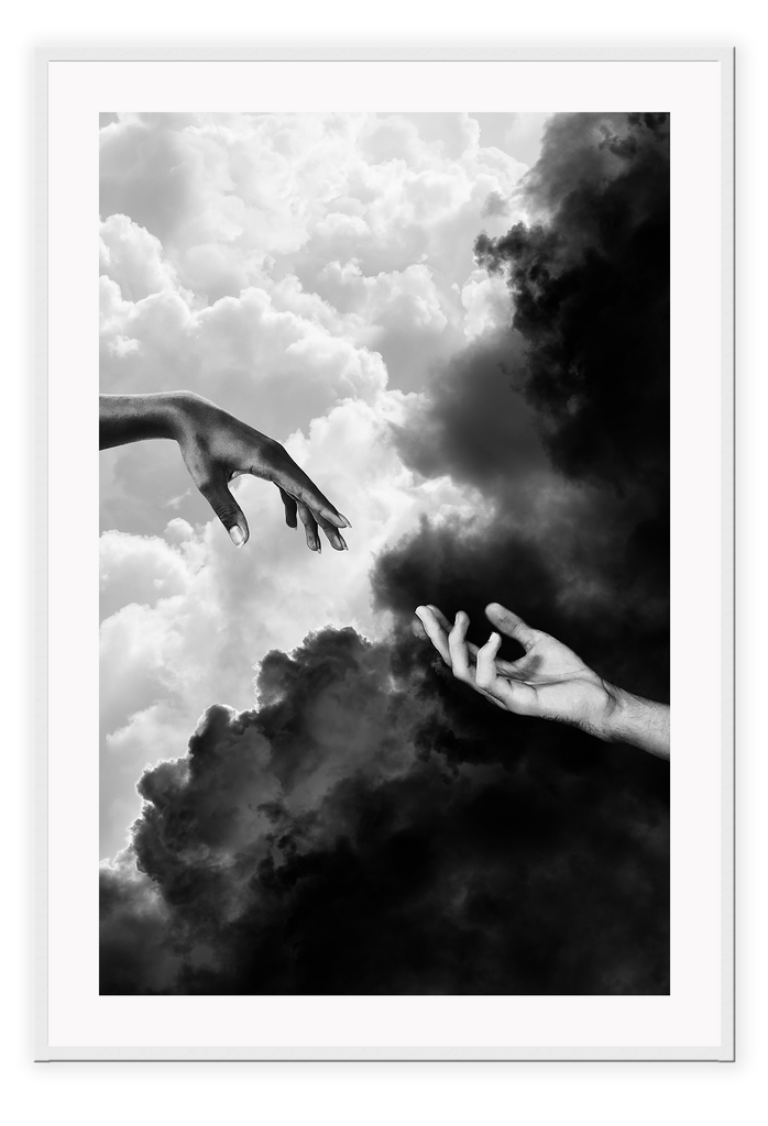 Hands touching in sky clouds, black and white, sistine chapel michaelangelo and the creation of adam 