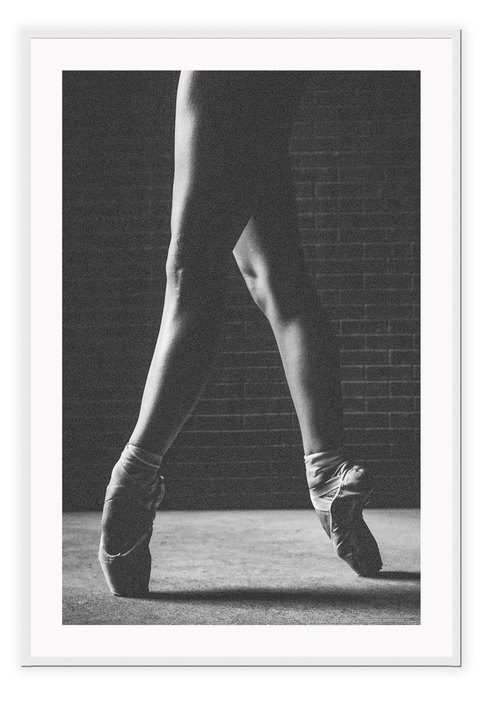 photography print black and white point ballet jazz shoes with brick wall background