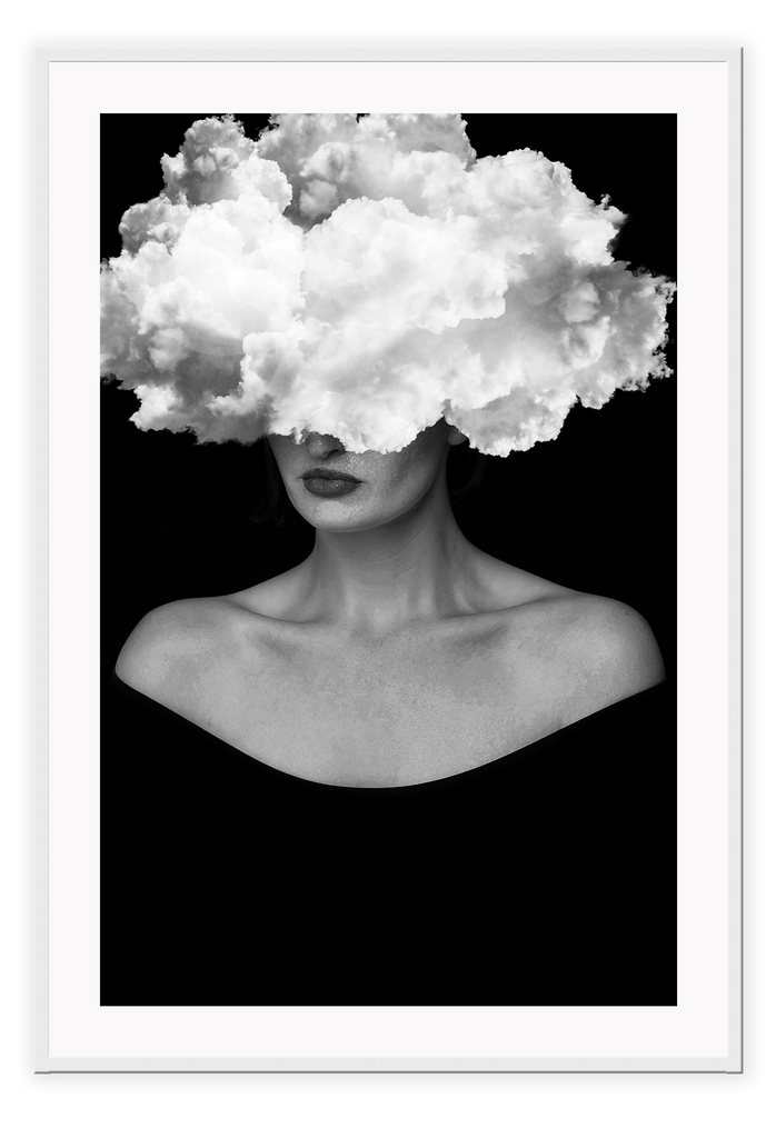 A fashion black and white wall art with a cloud on a lady's face with