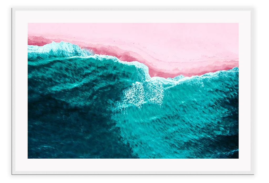 A natural wall art with pink sand beach and blue ocean.