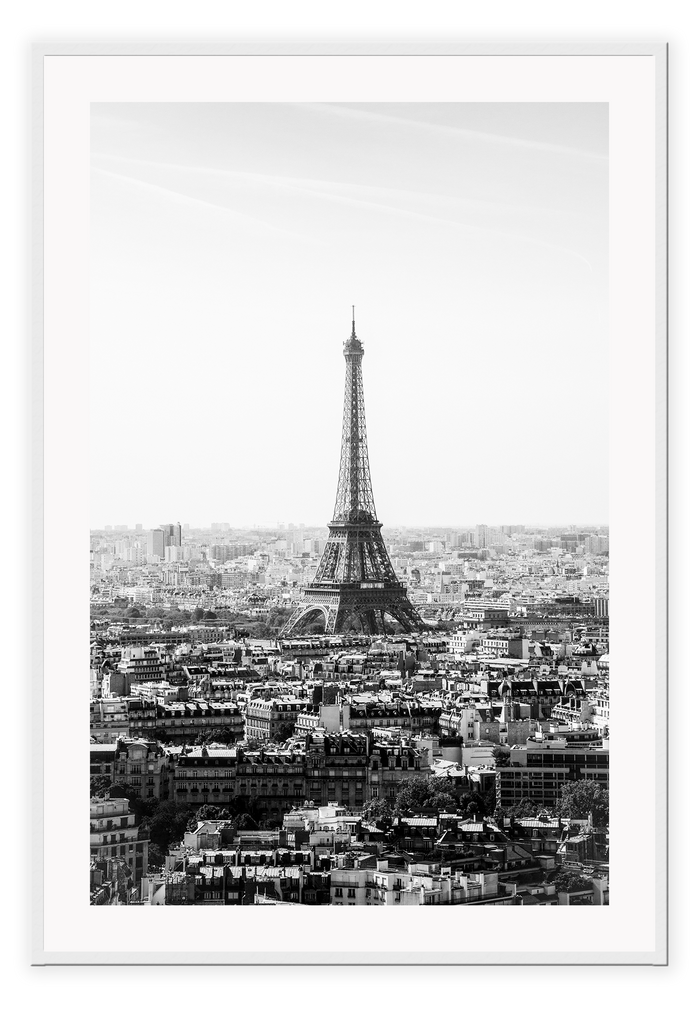 A black and white urban wall art with the city view of Paris and Eiffel tower. 