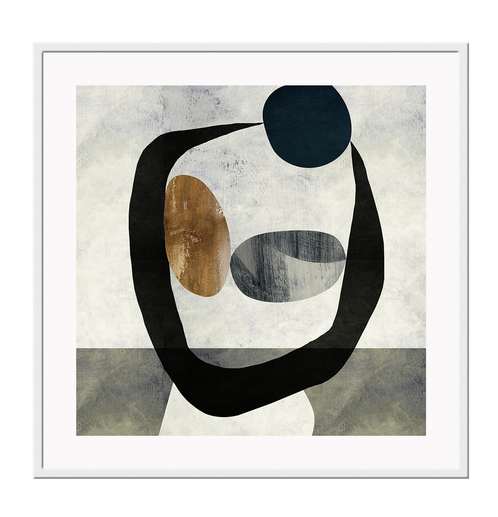 Abstract print with three round shapes in dark grey and rust tones connected by a black circle shape on grey background.