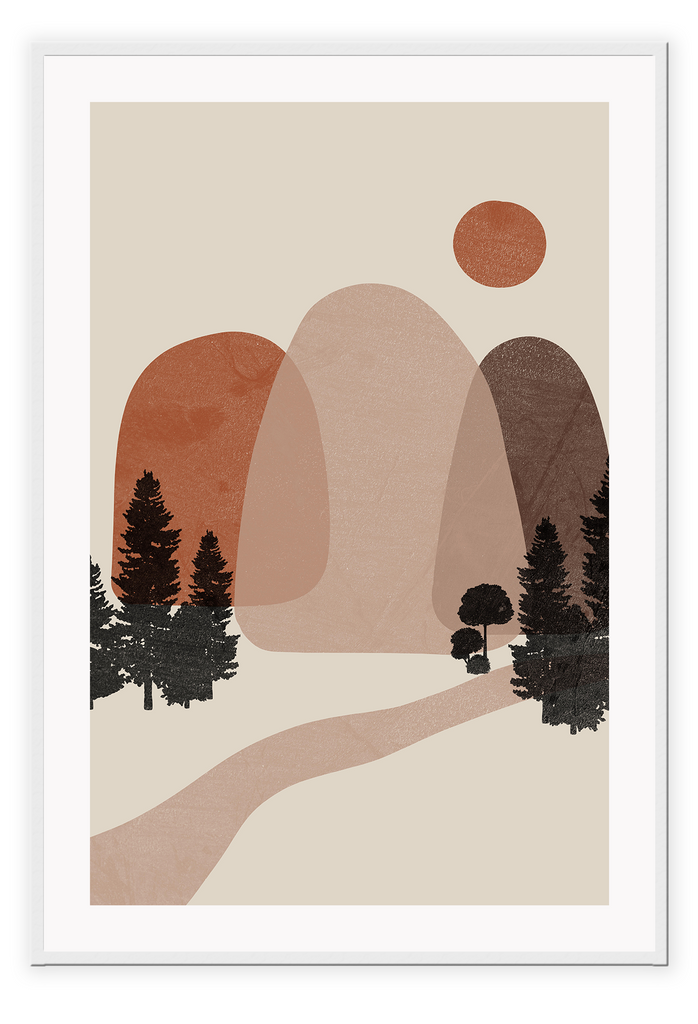 Abstract modern print with black tree and mountain outlines in rust beige brown tones with path creating a modern forest interpretation.