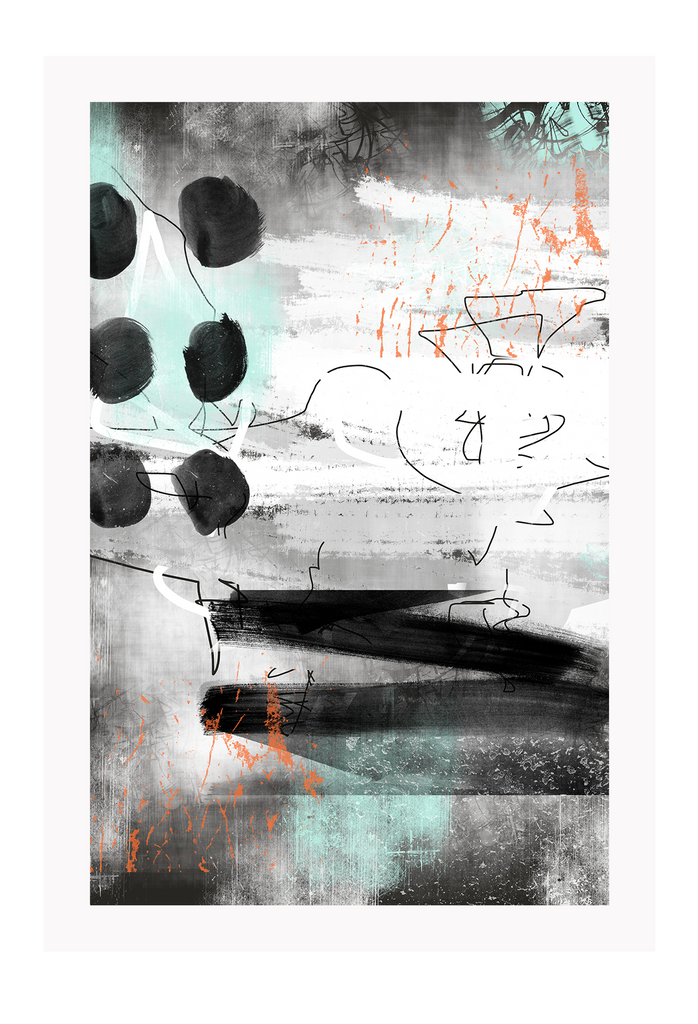 Graffiti style print with teal pink peach black orange white background random lines and shapes 