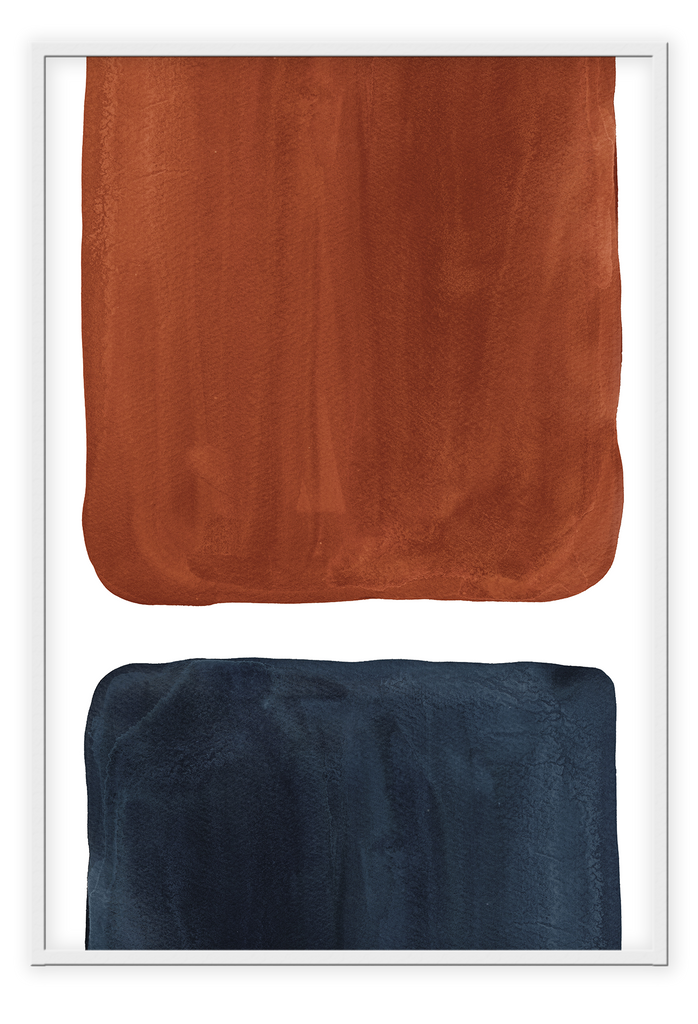 Abstract print shapes rust and navy colours with watercolour texture on a white background 