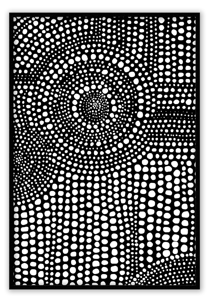 Abstract print with black background and white dots arranged in random patterns 