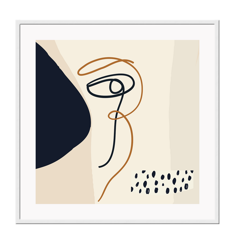 Abstract art print with black dots, shapes and squiggly lines complemented by a beige squiggly line on a cream background.