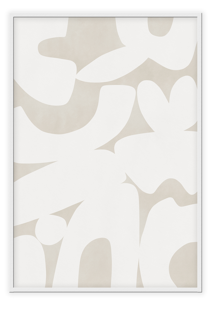 Minimalistic abstract art print with large white round shapes in random formation on plain cream background.