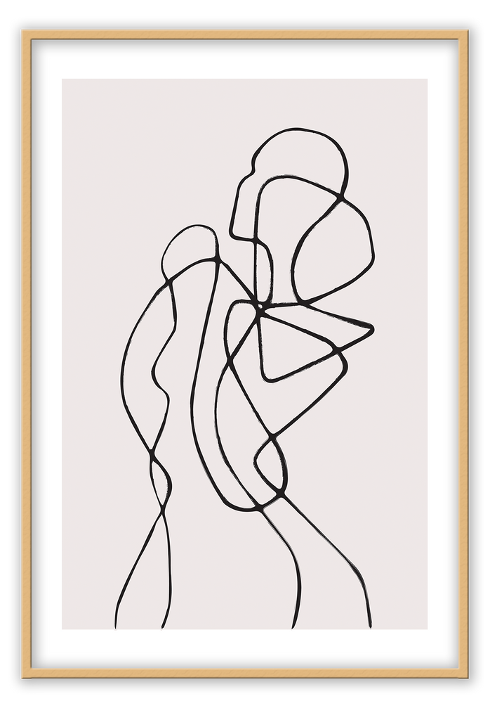 Line art print with black line creating female silhouette on a light pink background 