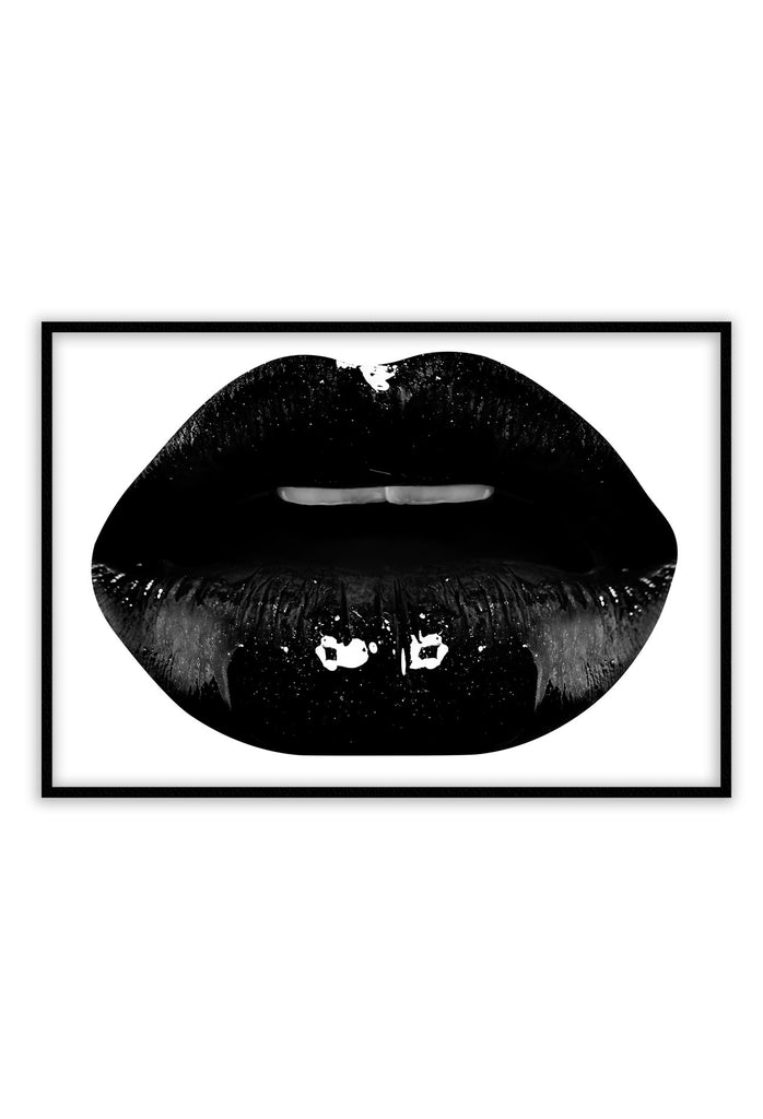 A fashion black and white wall art with dark, sexy juicy lips on a white background. 
