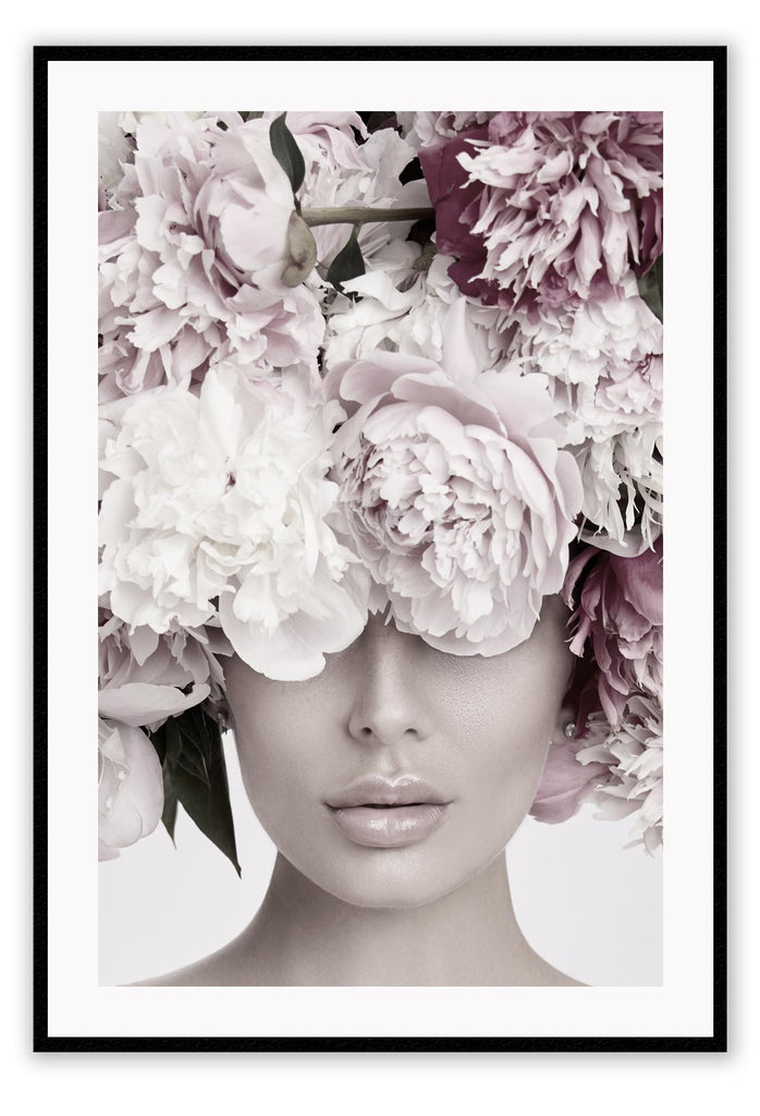 Woman lady face with flowers beauty pastel washed tones and roses on head with grey background
