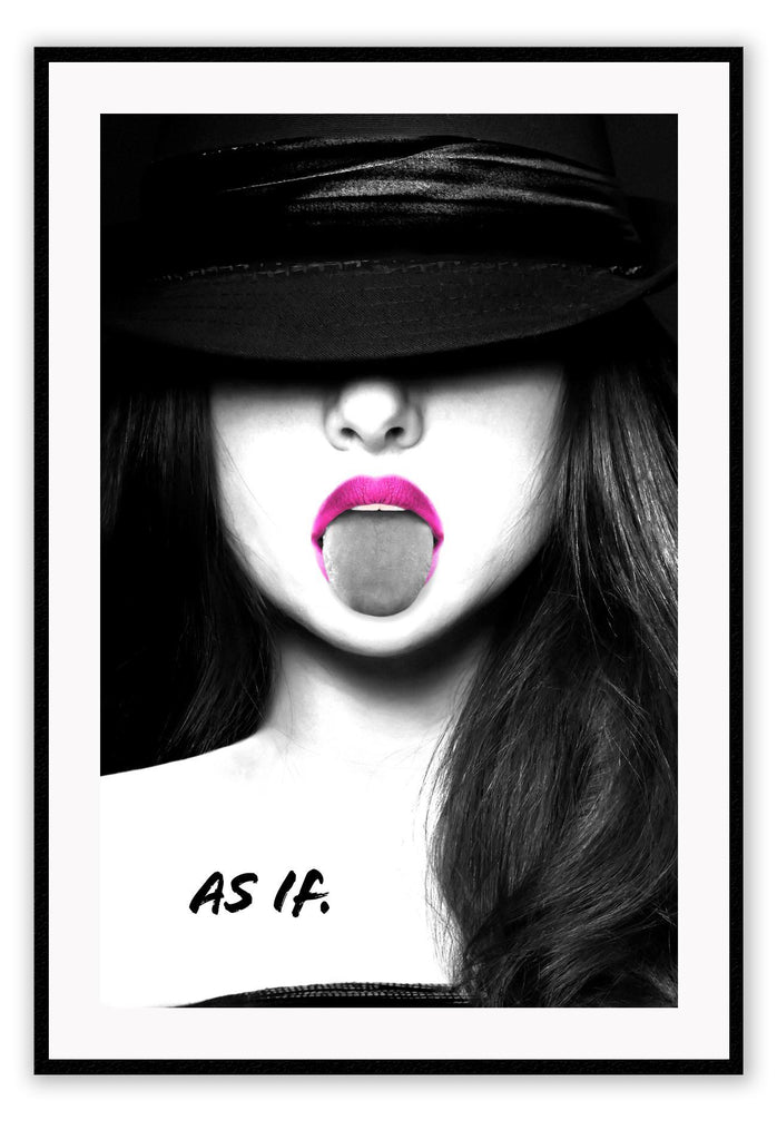 Fashion photography print with woman wearing hat covering glasses with pink lipstick typography text as if 