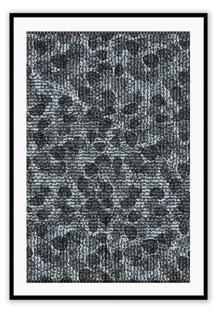 Abstract print covered in dark grey dots and round shapes and black horizontal and vertical lines on a light blue background