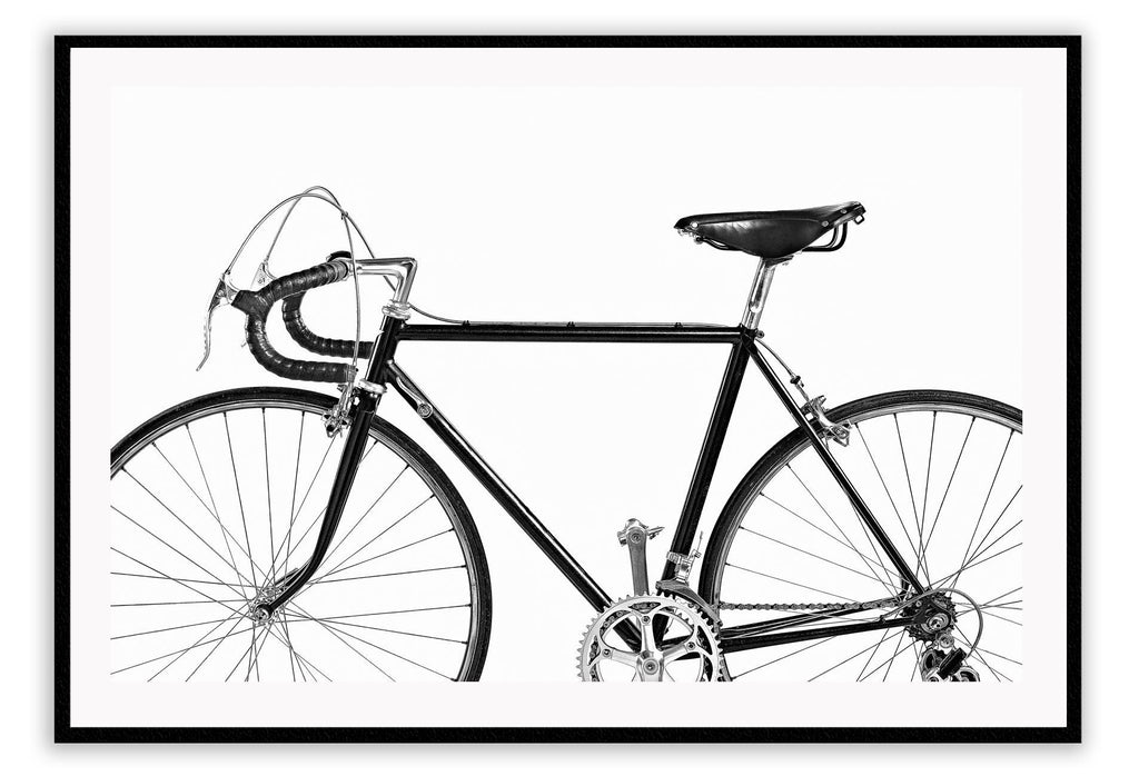 Vintage scandi modern print bike bicycle landscape print black and white photography style on white background.