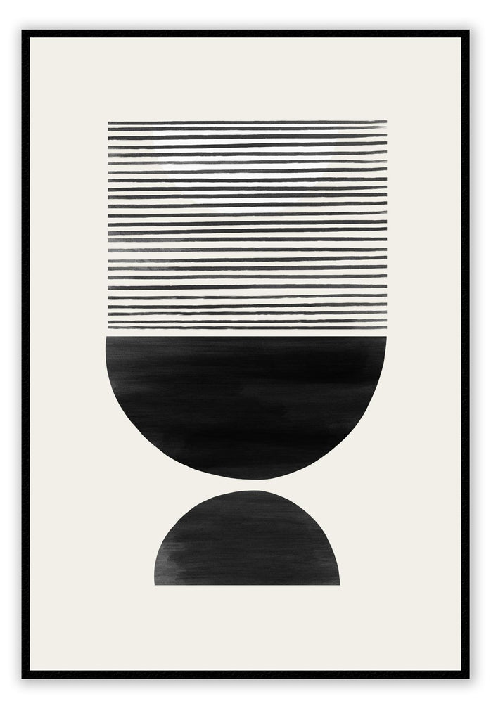 Black and white abstract symmetrical print with half circles and lines on a beige background 