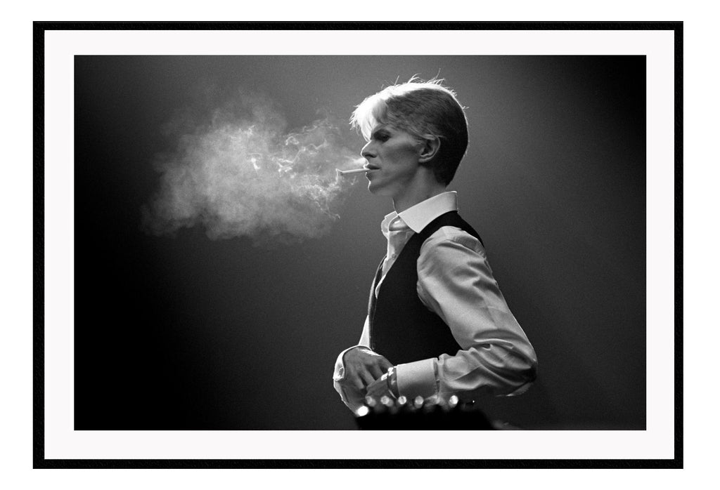 David Bowie iconic smoking photography in black and white dark and moody style 