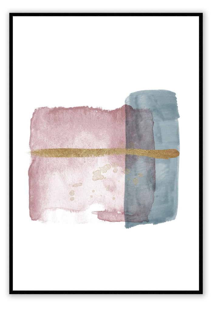 Minimal print with pastel pink blue and gold brushstrokes on a gold background watercolour texture 