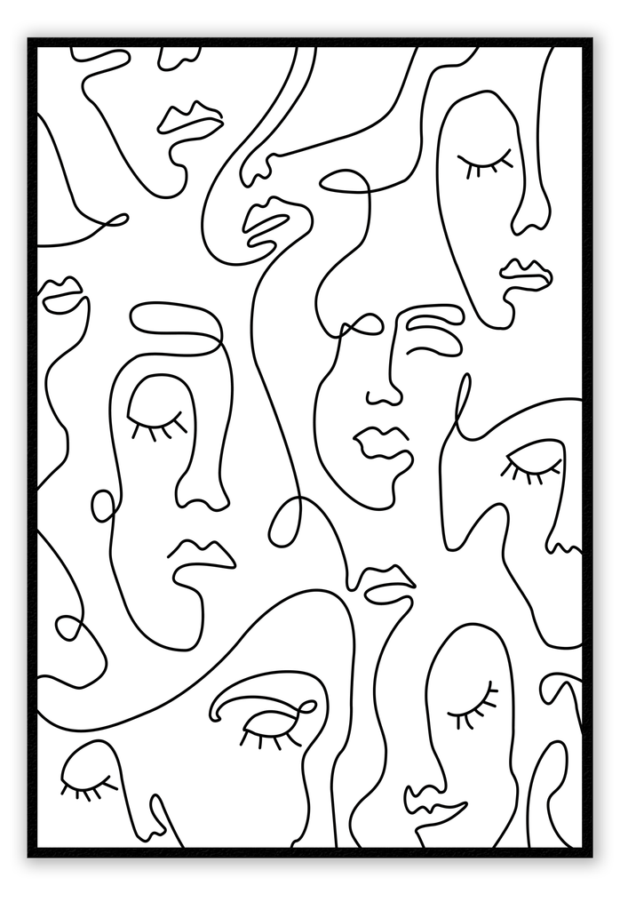 Abstract black and white line art faces minimal black lines on white background