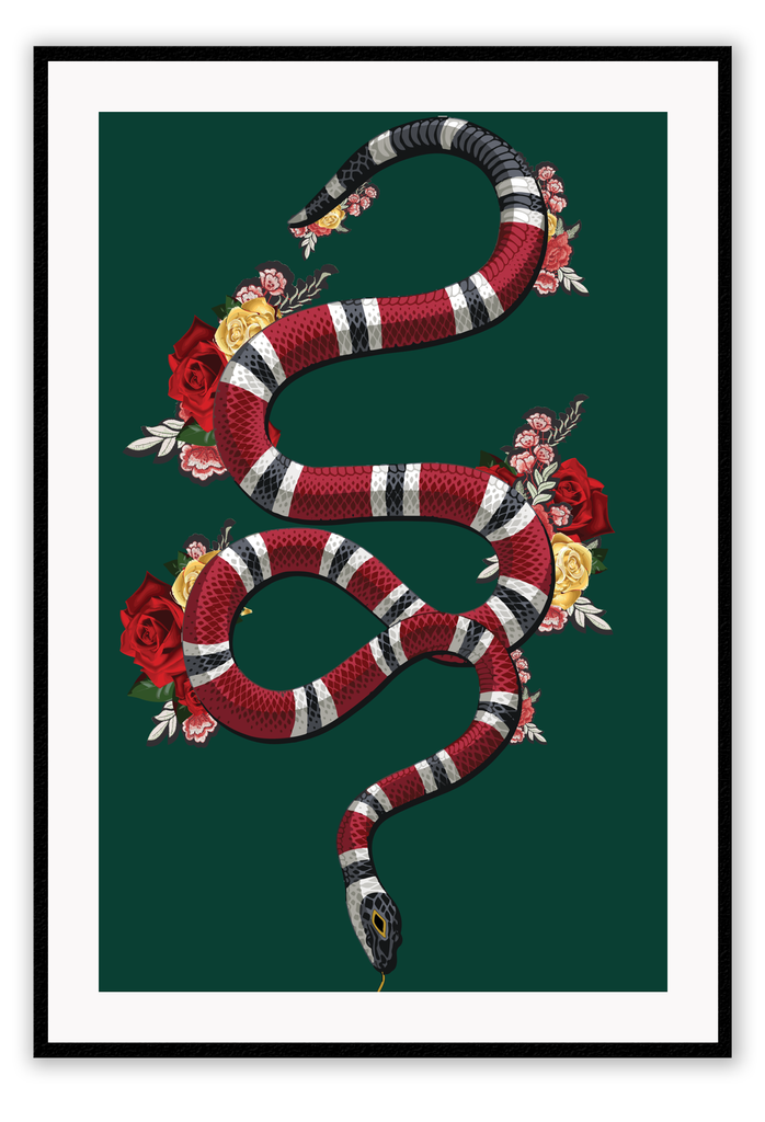 Fashion print with the red, black, green, and white Gucci snake on a green background with flowers surrounding. 