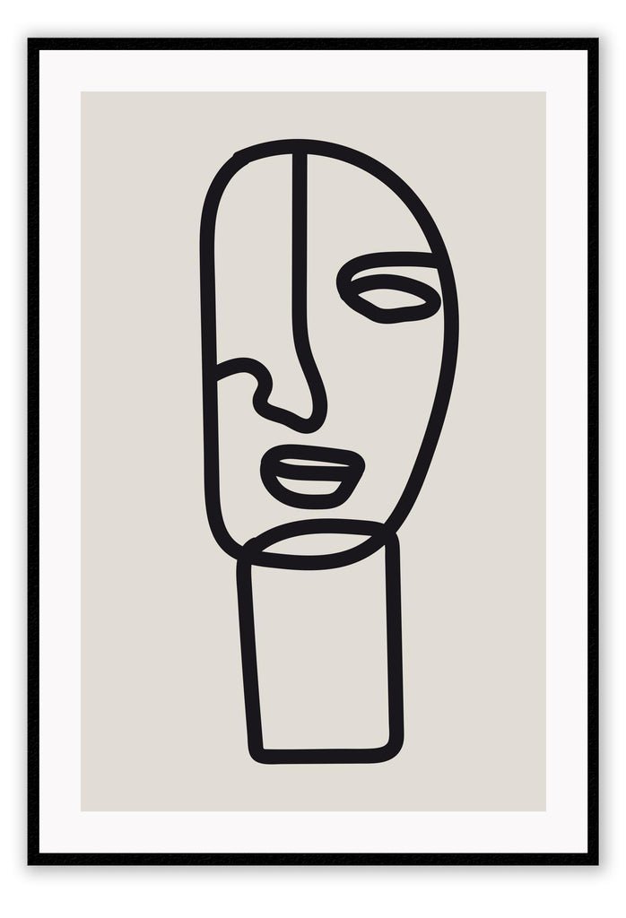 Line art print with abstract black face and beige background minimal and natural tones modern 