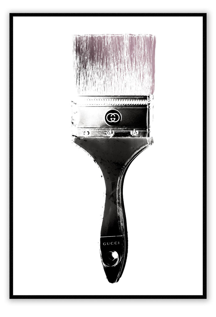 Pink brush with silver and black Gucci paint on white background minimal fashion print 