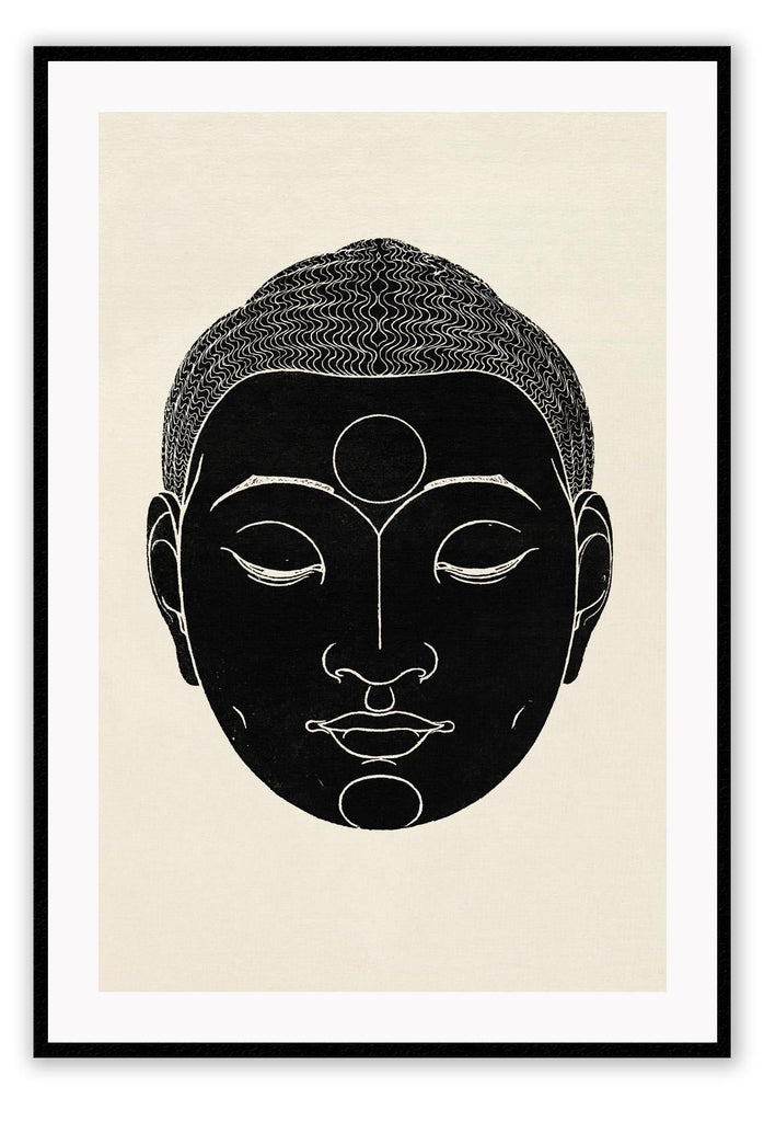 Zen modern minimal style print with a black buddha face with eyes closed on a cream background.