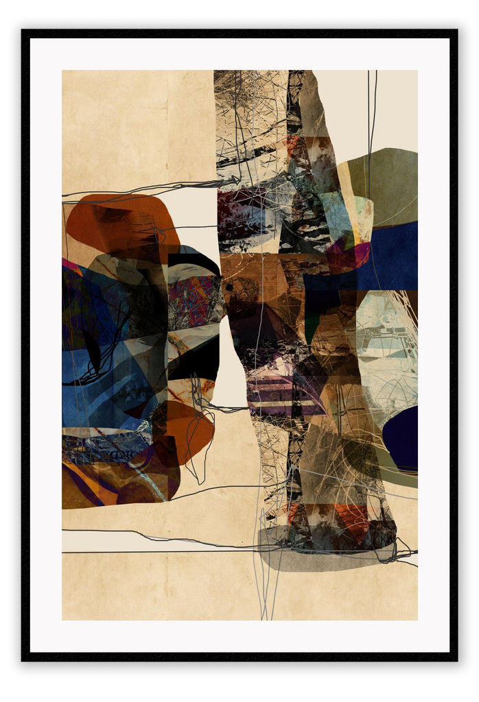 Abstract print in different textures and beige, black and blue tones featuring random shapes and scattered black lines.