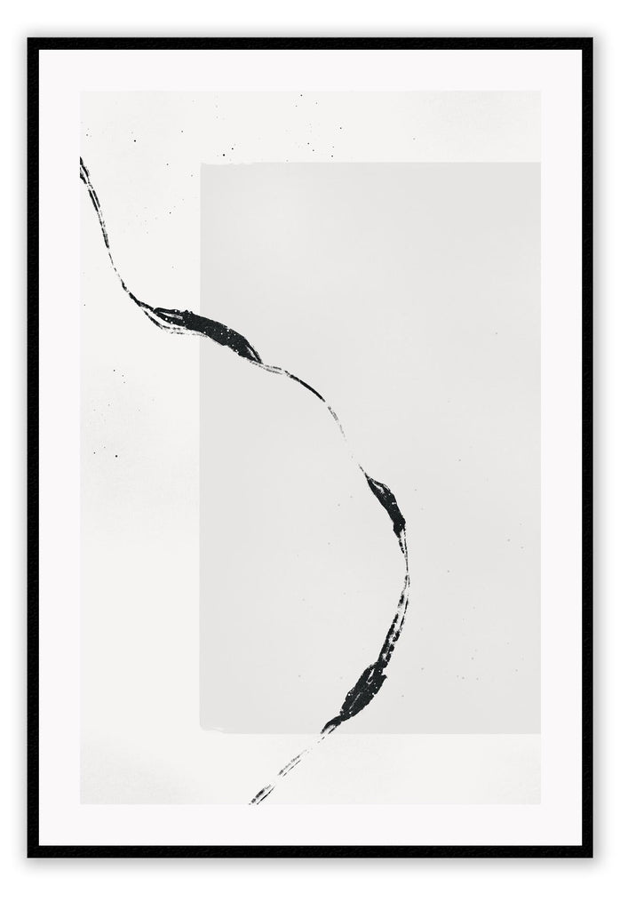 Abstract minimal style art print featuring a grey rectange and black paint stroke overlapping on a white background.