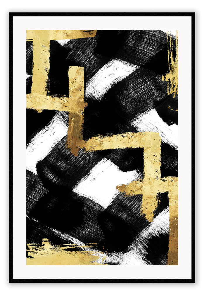 Abstract print with gold vertical and horizontal lines on big black crosses in brushstroke texture and a white background.