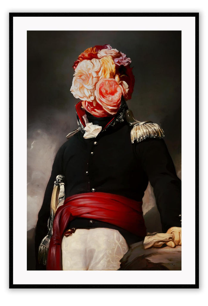 Oil painting style print with a man in his uniform and a red belt standing in the centre, his head covered by flowers.