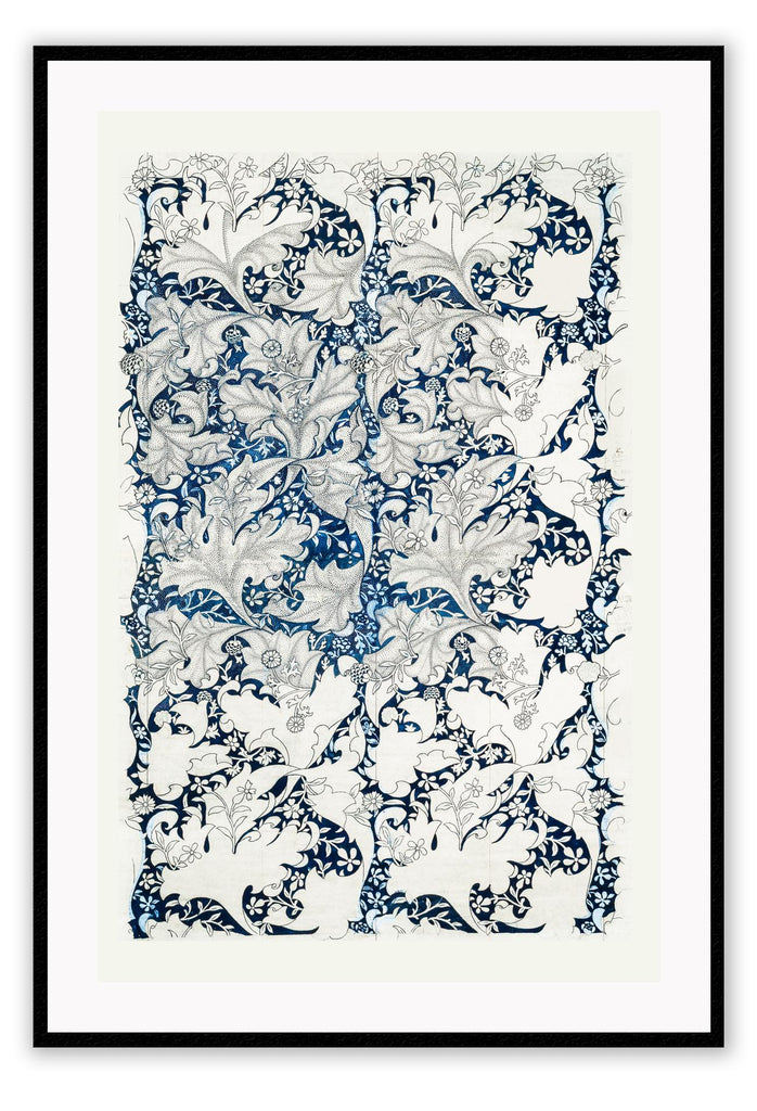 Hamptons style coastal print with floral leaf pattern design in grey, blue and white tones on a white background.
