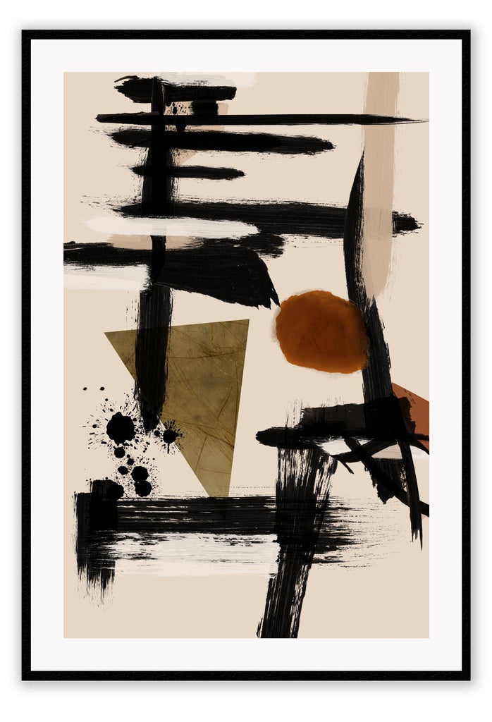 Abstract print with black brushstrokes, a round shape in rust and a green triangle in the centre on a beige background.