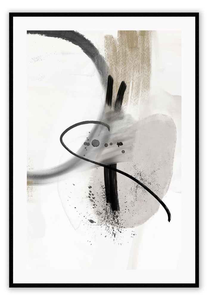 Abstract art print with black round and straight brushstrokes and paint splatters on a textured grey and white background.