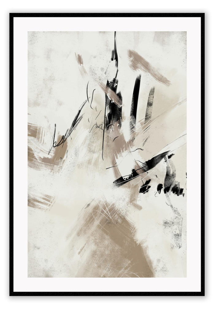Textured abstract art print with random black and beige brushstrokes and lines on a light grey background.