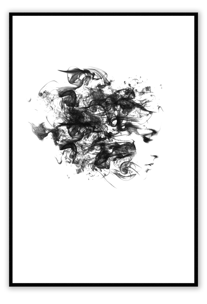 Abstract print white background and black illustration of womans profile and watercolour texture