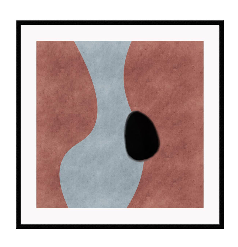 Abstract minimal style square print with a small black round shape on a wavy pink and grey background.