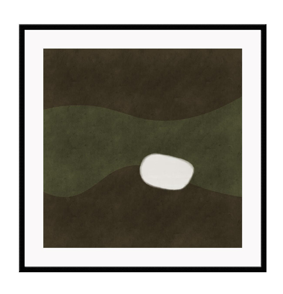 Abstract minimal style square print with a small white round shape on a wavy dark and light green background.