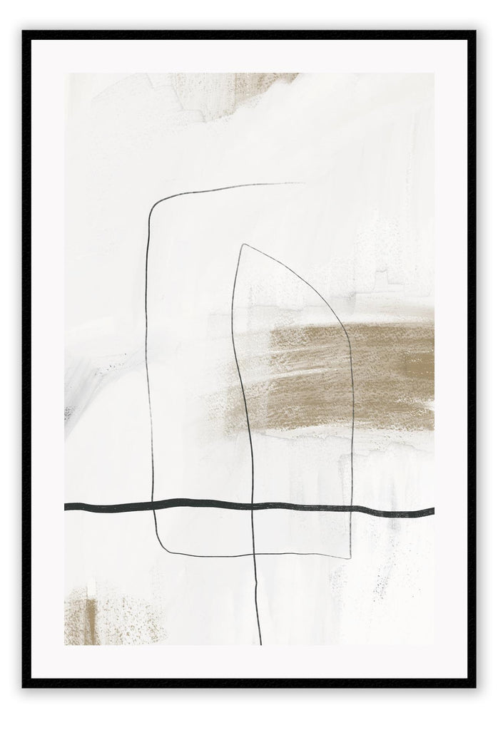Abstract modern minimalist art print with thin black lines on a white and beige textured background.