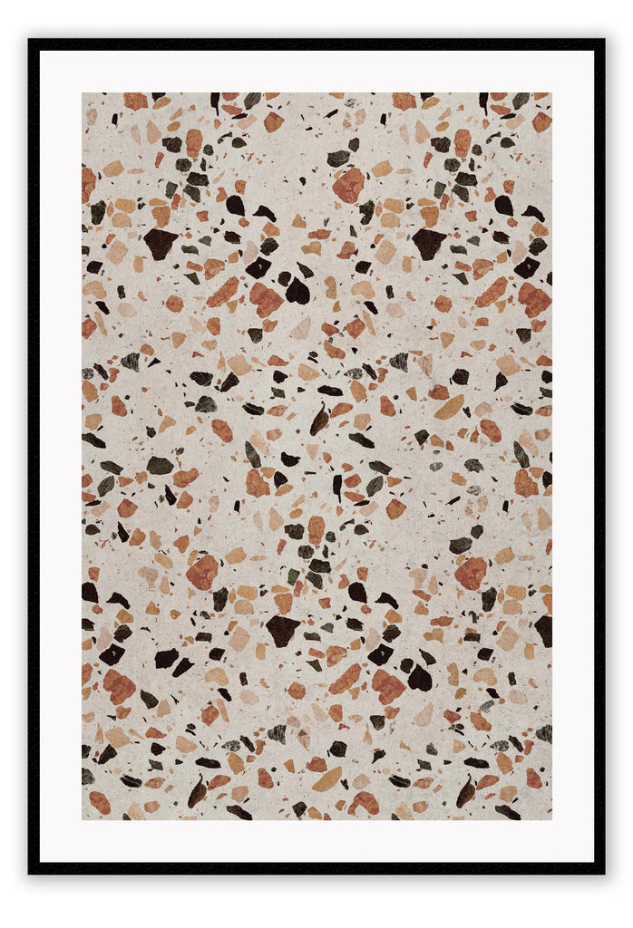 Close-up granite terrazzo texture with navy, rust, terracotta cream colurs minimal print portrait landscape