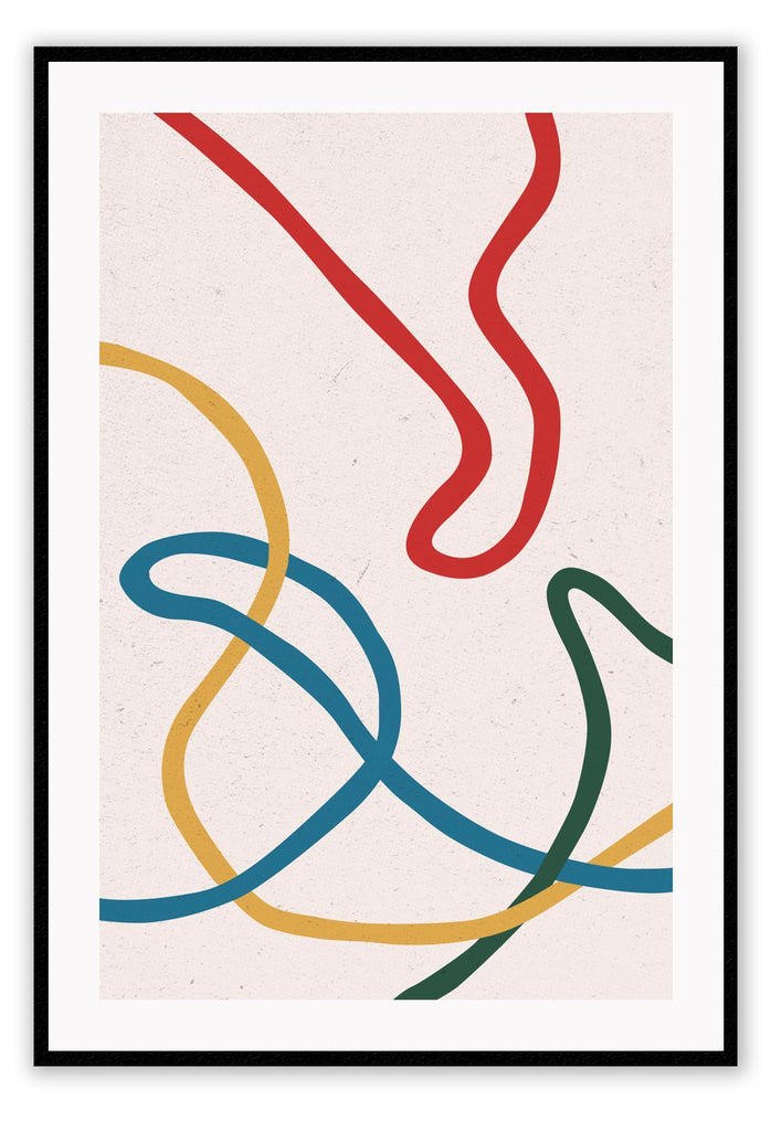 Abstract squiggle print with red blue yellow green lines and beige background modern 